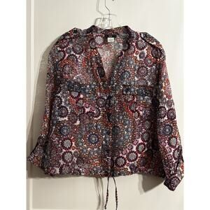 Lark Lane Crop Multicolor Tie Long Roll Tab Sleeve Sheer Button Up Sz 14 Boho